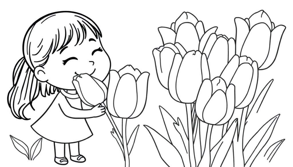 A black and white line drawing of a girl smelling a tulip, perfect for a color panel.