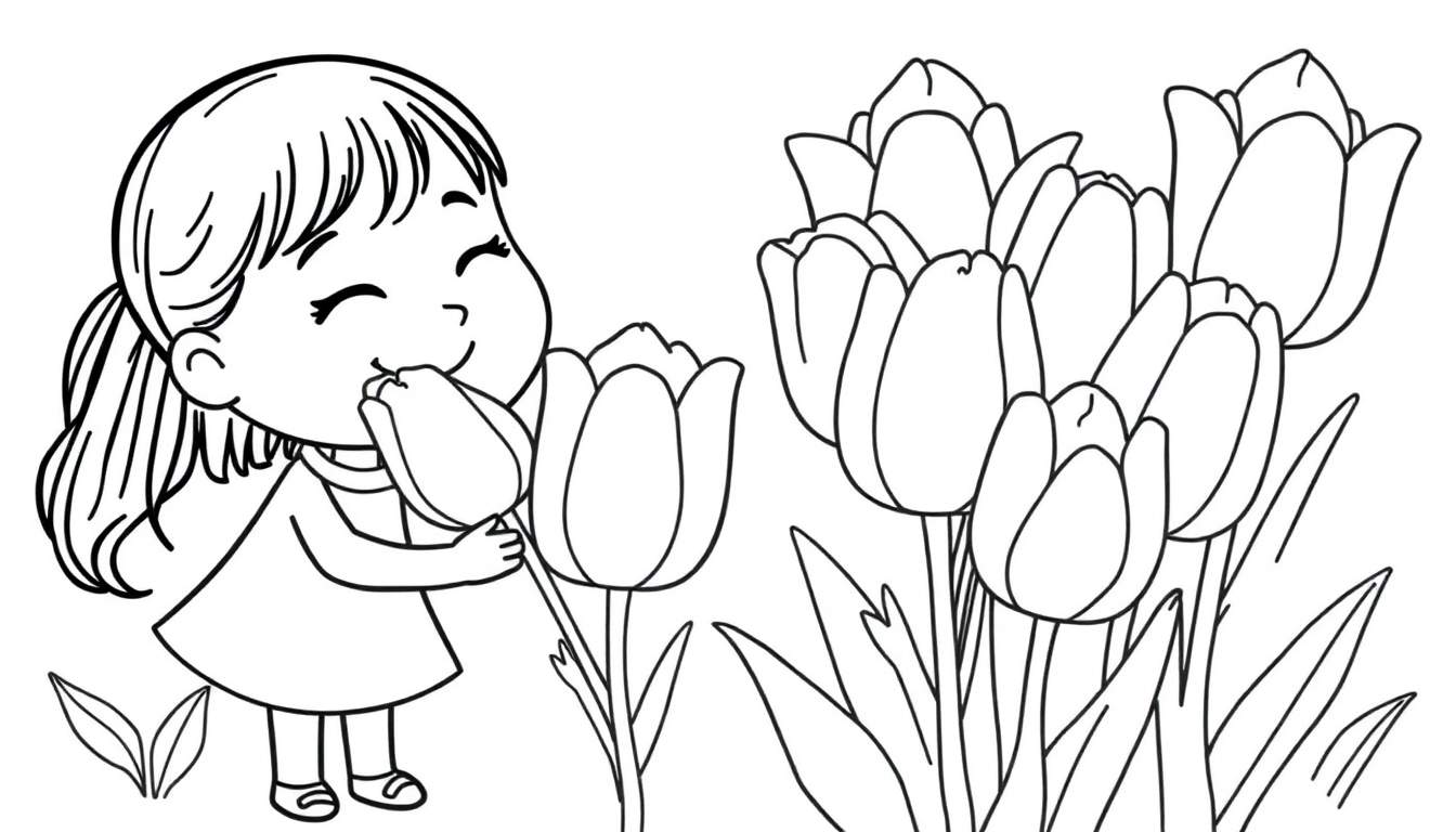 A black and white line drawing of a girl smelling a tulip, perfect for a color panel.