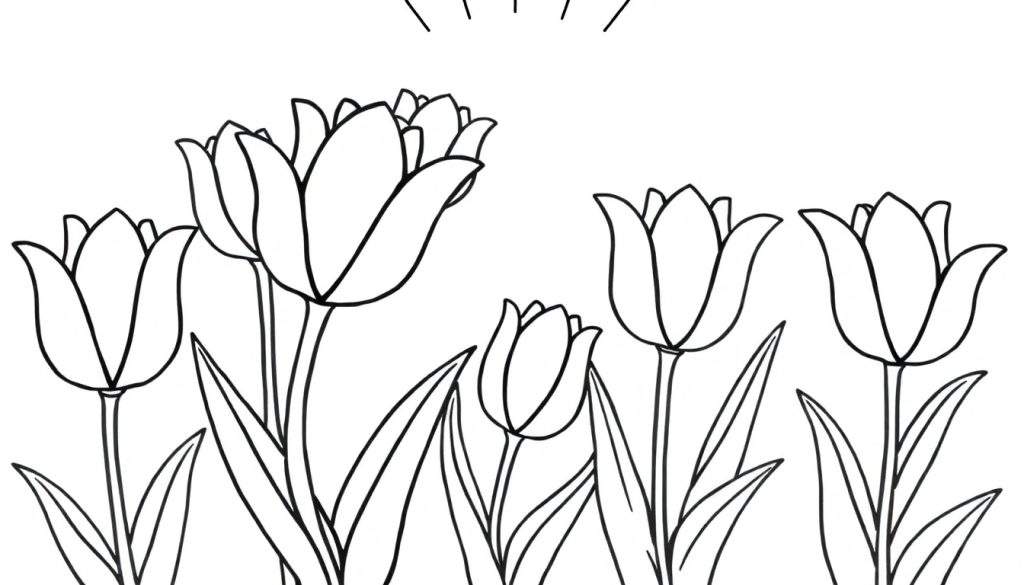 A cute black and white color panel of happy tulips dancing in the sunshine for kids!