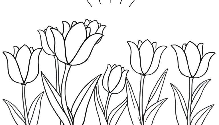 A cute black and white color panel of happy tulips dancing in the sunshine for kids!