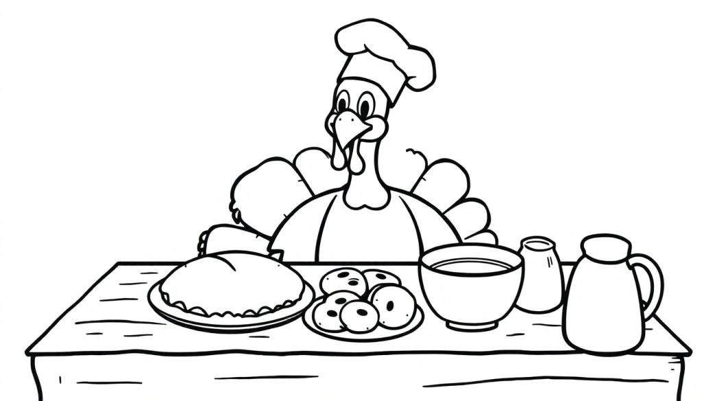 A cartoon turkey wearing a chef's hat, standing behind a table full of food, in a black and white color panel.