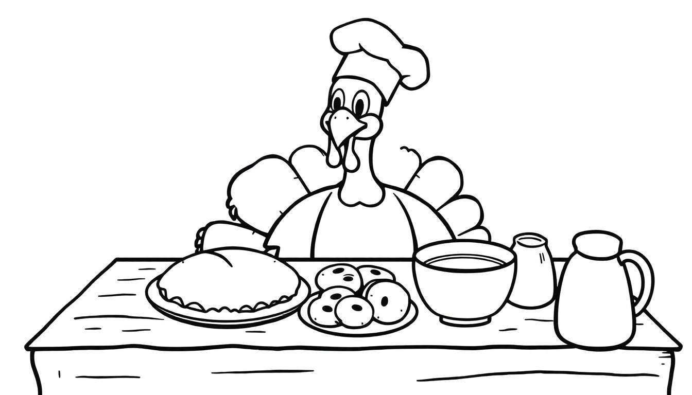 A cartoon turkey wearing a chef's hat, standing behind a table full of food, in a black and white color panel.