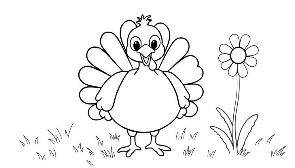 A simple black and white cartoon of a plump turkey with big eyes next to a flower, ready for coloring. Color panel.