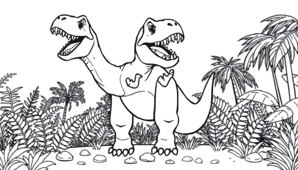 A two-headed T-Rex roaring happily in a jungle for a color panel.
