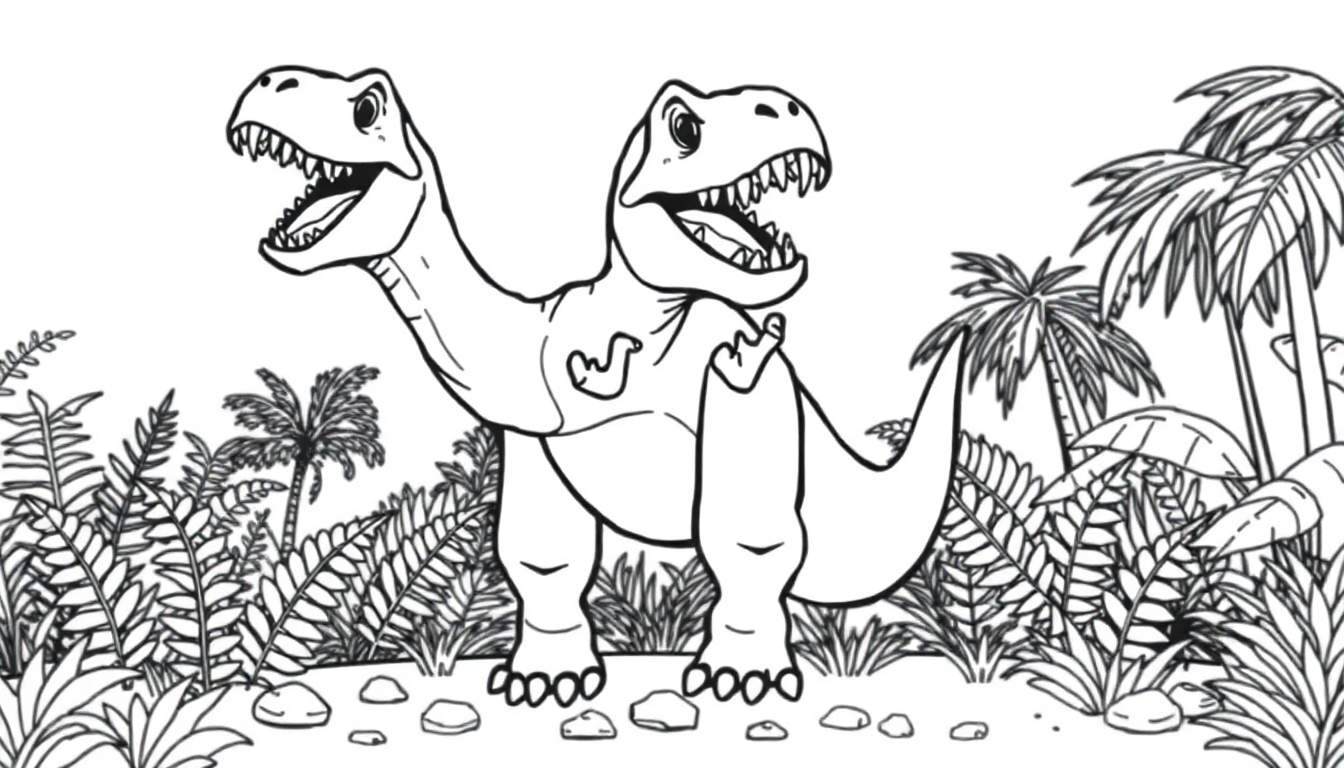 A two-headed T-Rex roaring happily in a jungle for a color panel.
