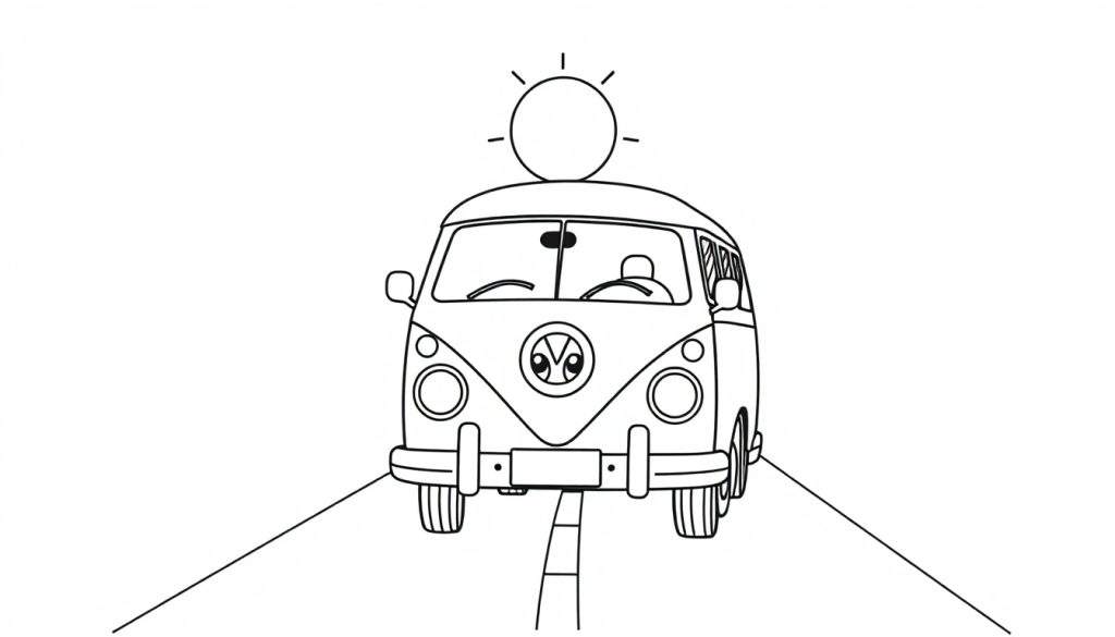 A black and white illustration of a happy cartoon VW bus with a sun above it, ready for a color panel adventure.