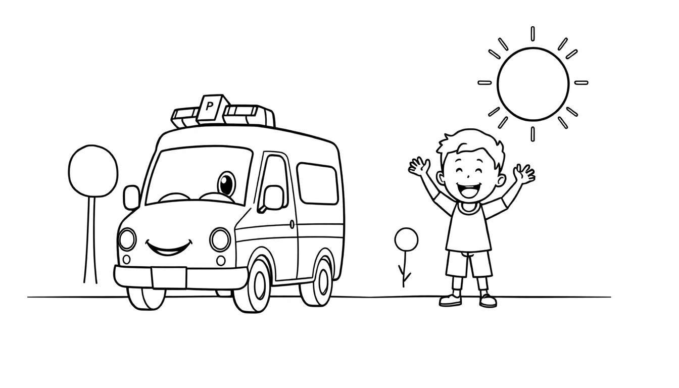 A black and white cartoon of a friendly van with a 'P' sign, a happy boy with arms raised, and a sun in a color panel.