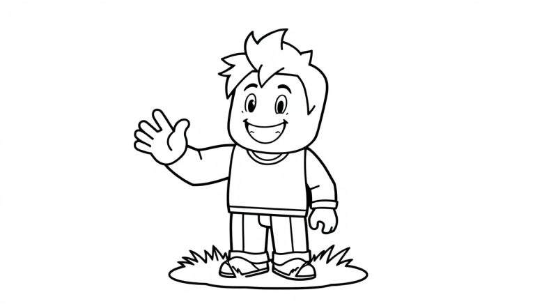 Black and white cartoon of a happy boy waving, ready for the color panel.