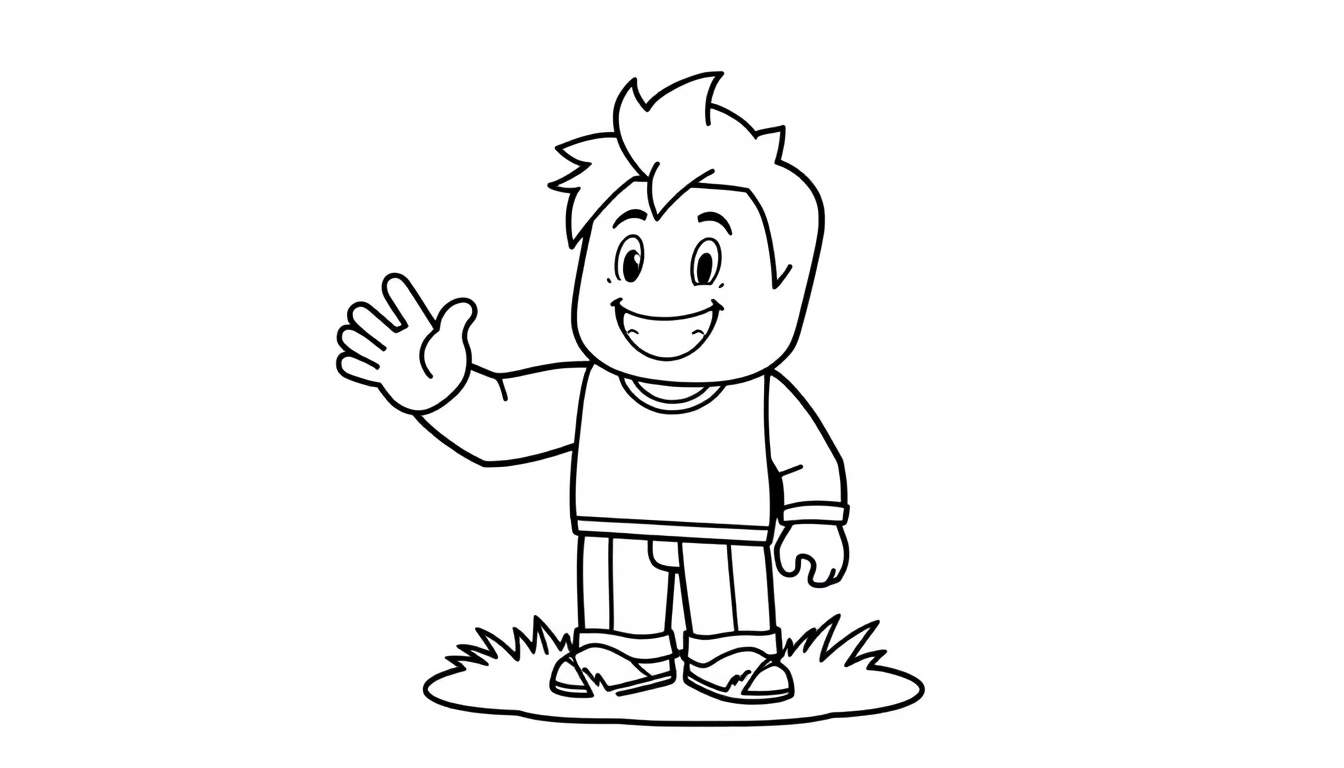 Black and white cartoon of a happy boy waving, ready for the color panel.