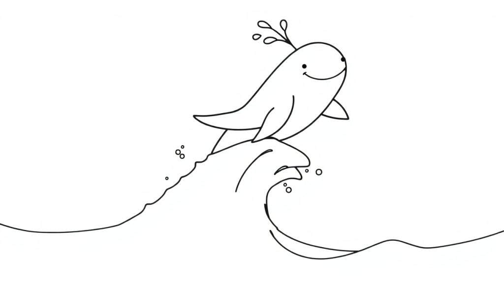 A happy cartoon whale with a water spout, leaping from a bubbly wave, ready for the color panel.