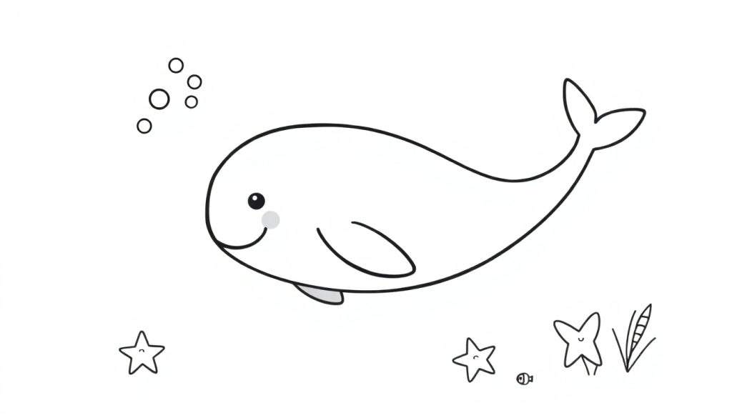 A cute cartoon whale, ready for the color panel, swimming with fish and seaweed.