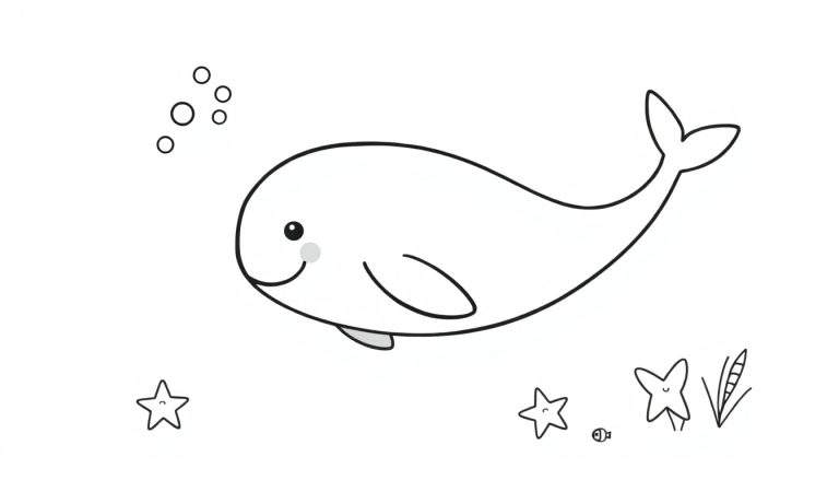 A cute cartoon whale, ready for the color panel, swimming with fish and seaweed.