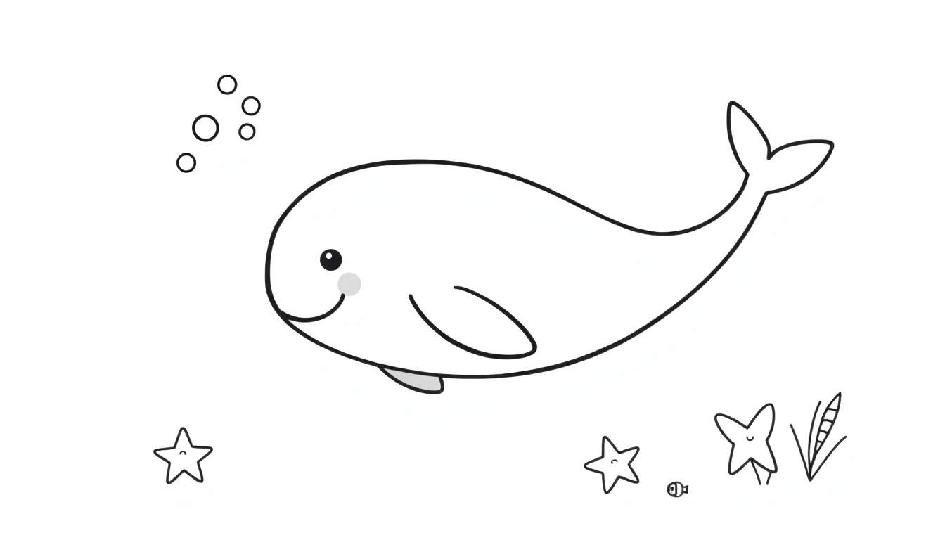 A cute cartoon whale, ready for the color panel, swimming with fish and seaweed.