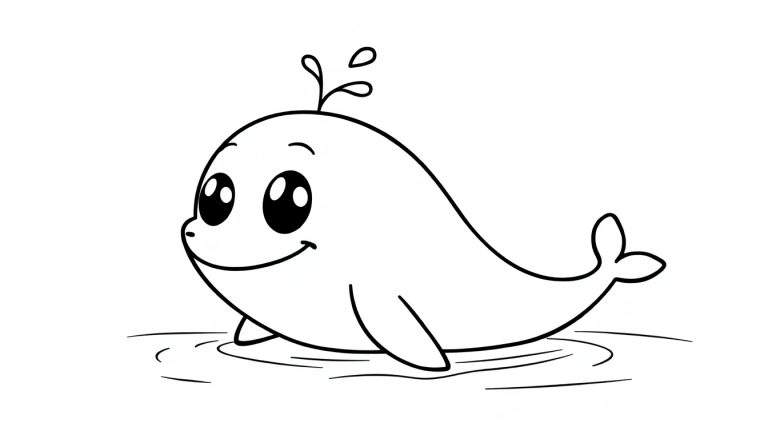A cute black and white cartoon whale with water droplets on its head, ready for coloring, a fun color panel.