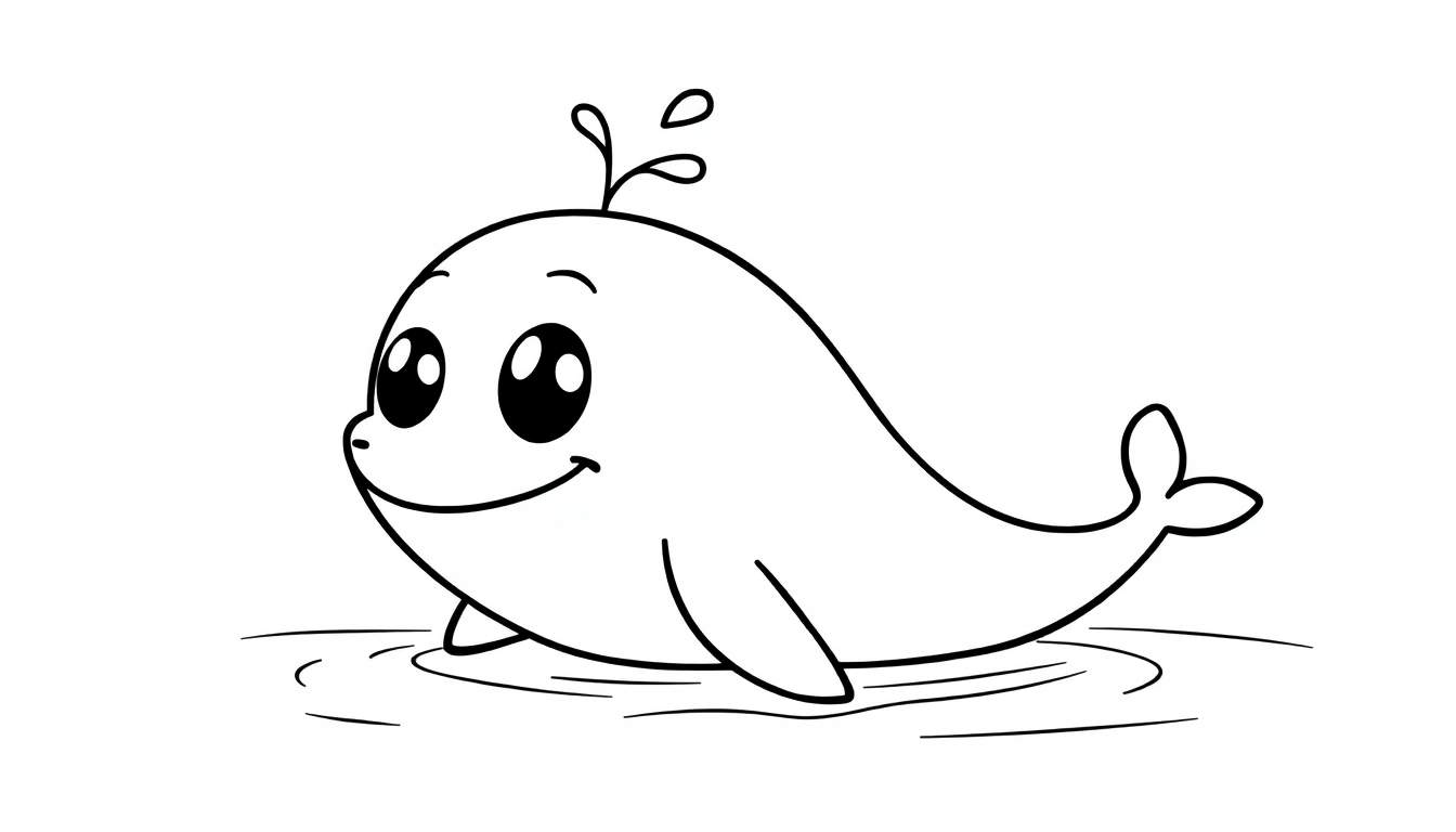 A cute black and white cartoon whale with water droplets on its head, ready for coloring, a fun color panel.