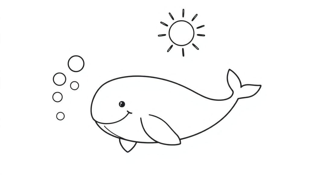 A black and white coloring page of a happy whale with bubbles and the sun, a friendly ocean scene color panel.