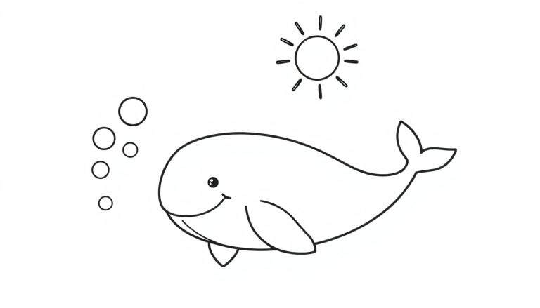 A black and white coloring page of a happy whale with bubbles and the sun, a friendly ocean scene color panel.