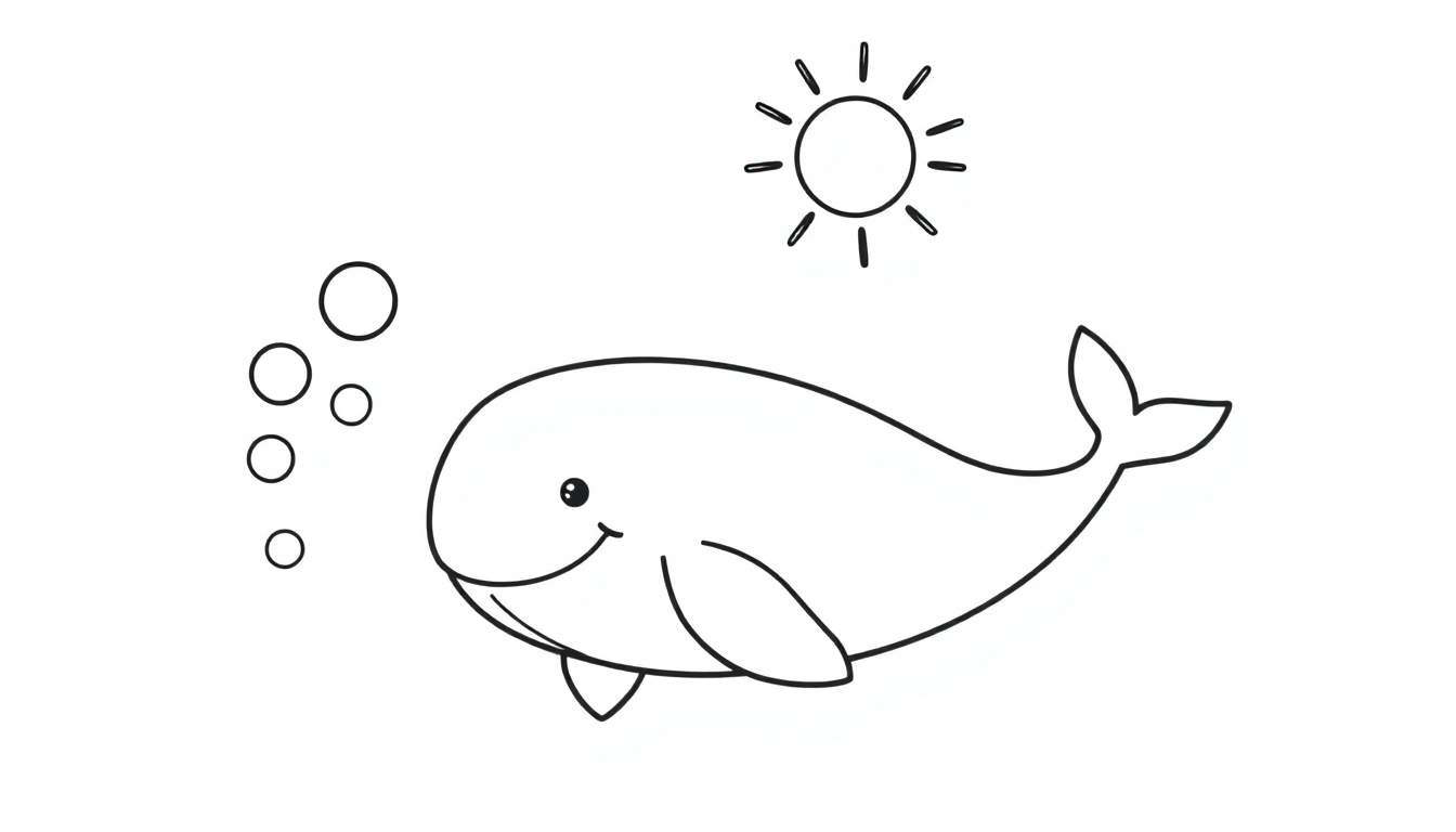A black and white coloring page of a happy whale with bubbles and the sun, a friendly ocean scene color panel.
