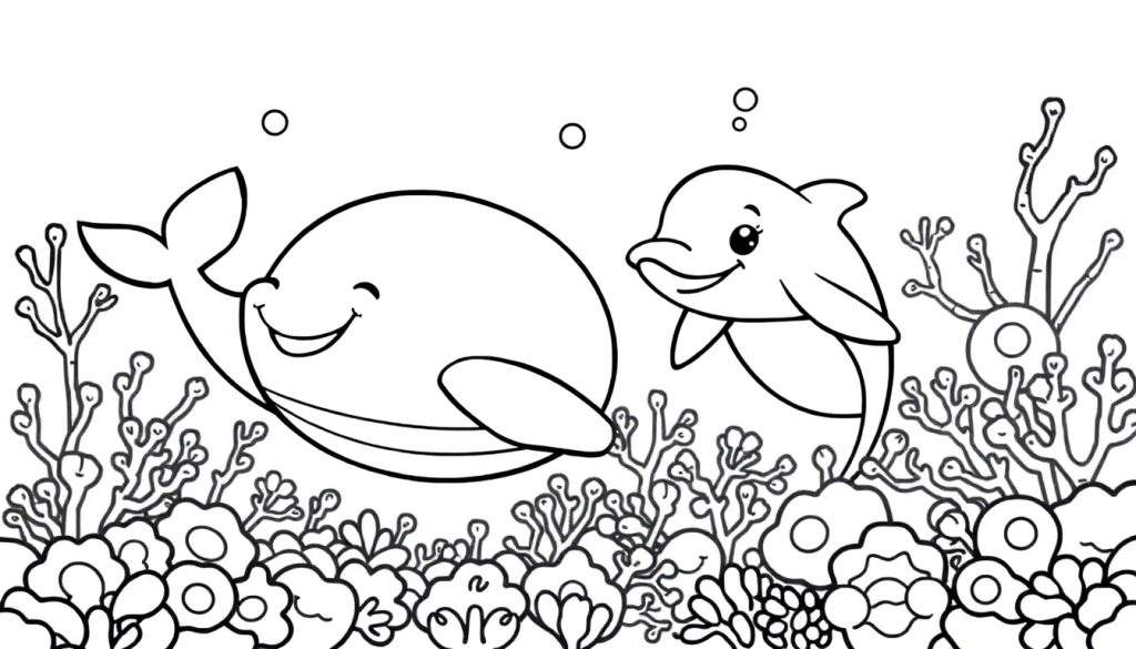 A black and white cartoon color panel featuring a smiling whale and a happy dolphin swimming in an underwater reef with coral and seaweed. Bubbles float around them.