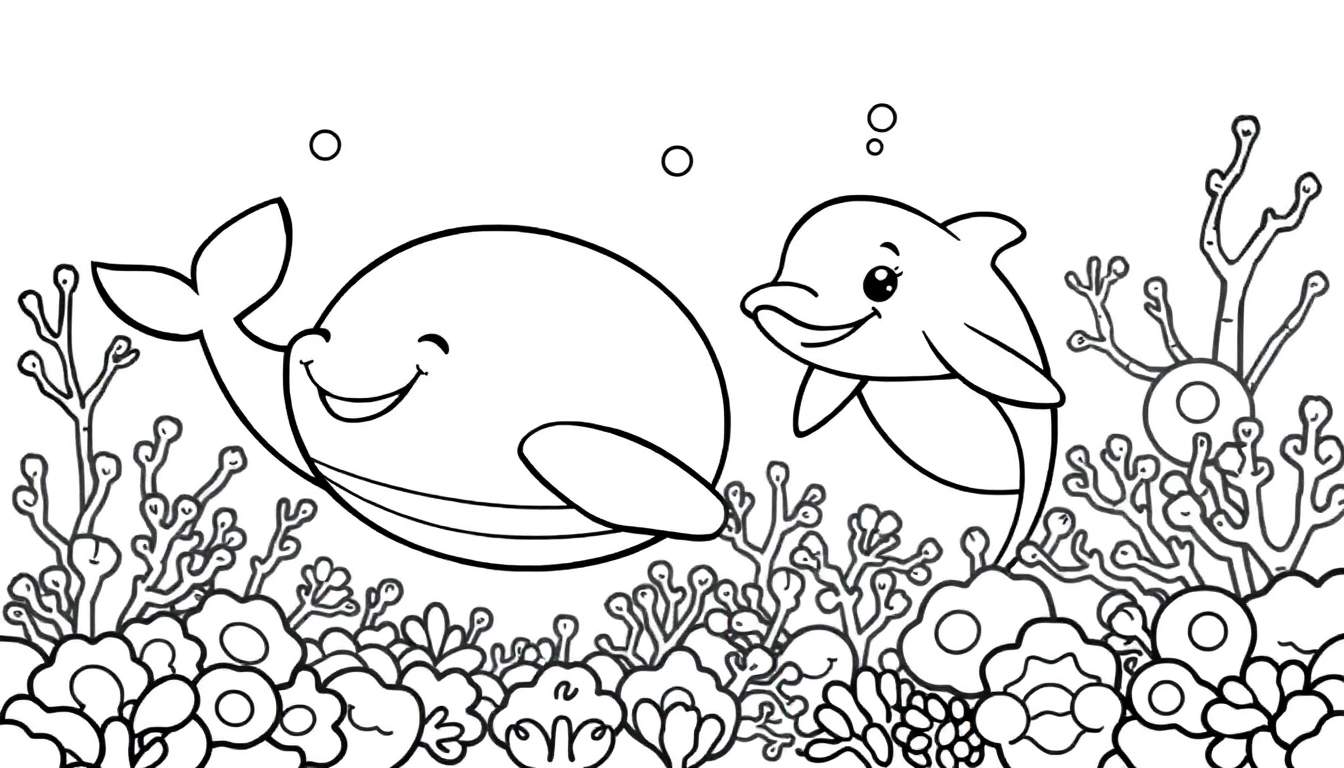 A black and white cartoon color panel featuring a smiling whale and a happy dolphin swimming in an underwater reef with coral and seaweed. Bubbles float around them.