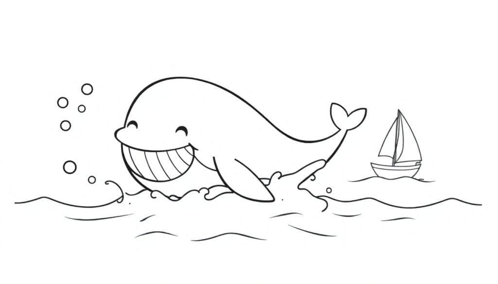 A black and white cartoon coloring page with a happy whale splashing in the water, near a sailboat and bubbles, with wavy ocean lines. This color panel is ready for coloring fun!