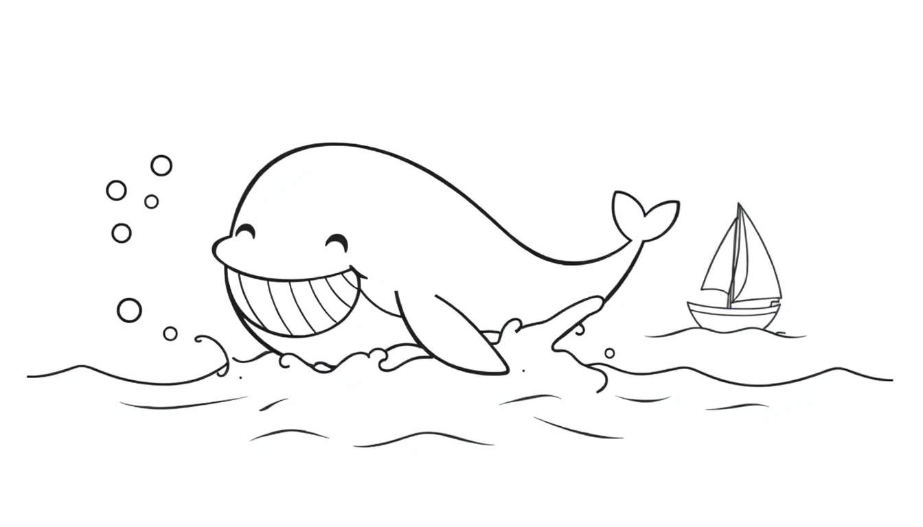 A black and white cartoon coloring page with a happy whale splashing in the water, near a sailboat and bubbles, with wavy ocean lines. This color panel is ready for coloring fun!