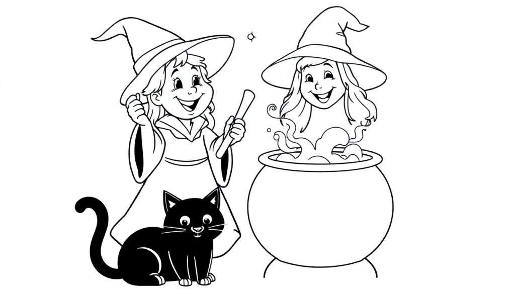 Color panel featuring a cheerful witch stirring a cauldron with a black cat nearby.