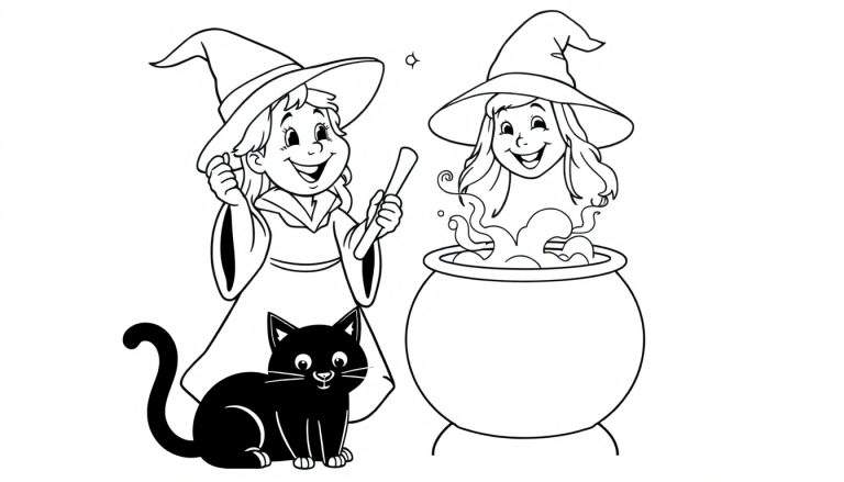 Color panel featuring a cheerful witch stirring a cauldron with a black cat nearby.
