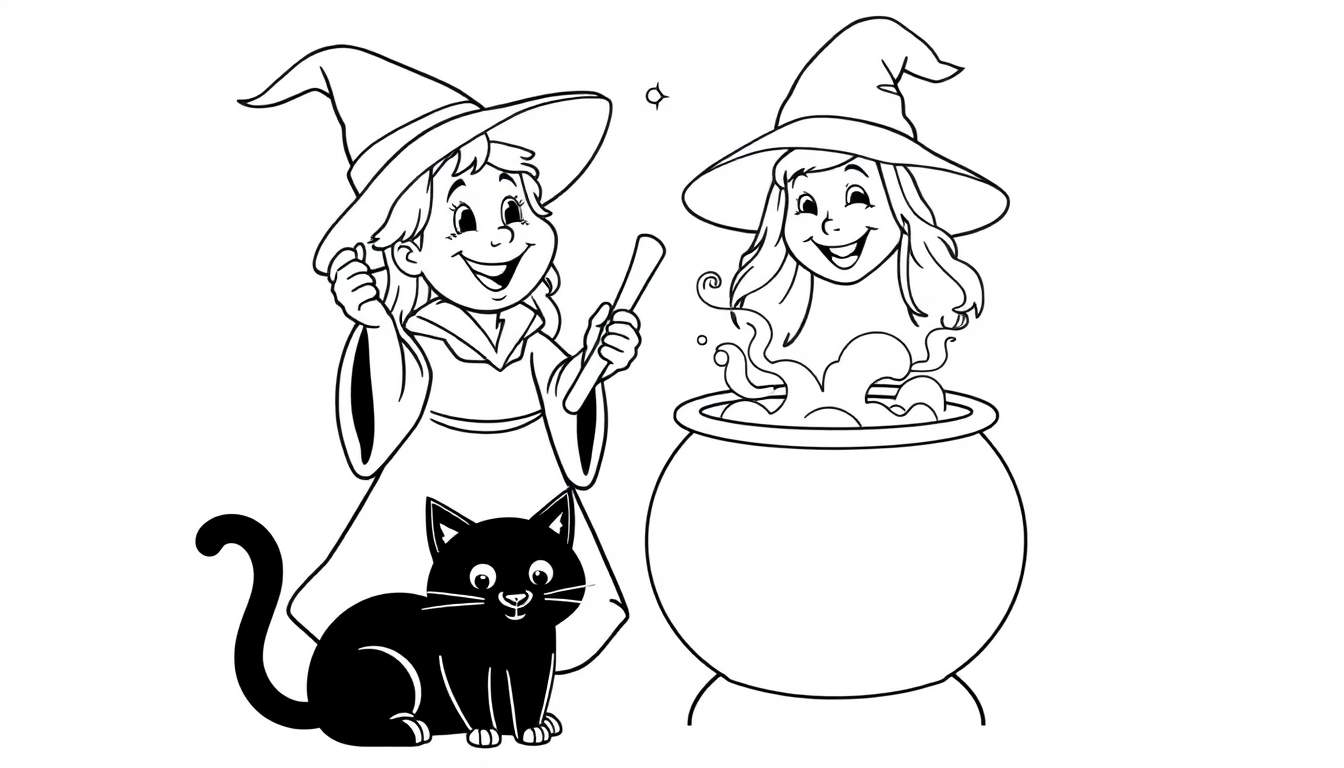 Color panel featuring a cheerful witch stirring a cauldron with a black cat nearby.