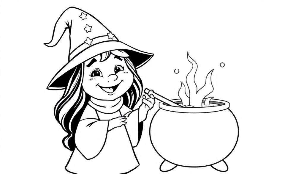 A smiling young witch in a pointy hat stirs a bubbling cauldron, perfect for a color panel.