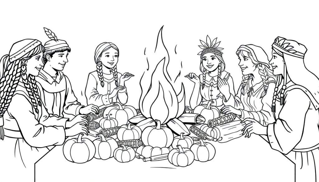 A black and white coloring page of friendly pilgrims and Native Americans sharing a harvest feast around a campfire. A color panel for fun!