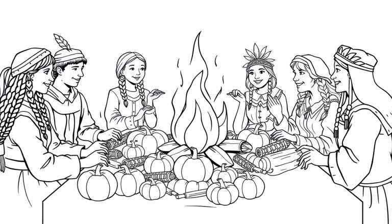 A black and white coloring page of friendly pilgrims and Native Americans sharing a harvest feast around a campfire. A color panel for fun!