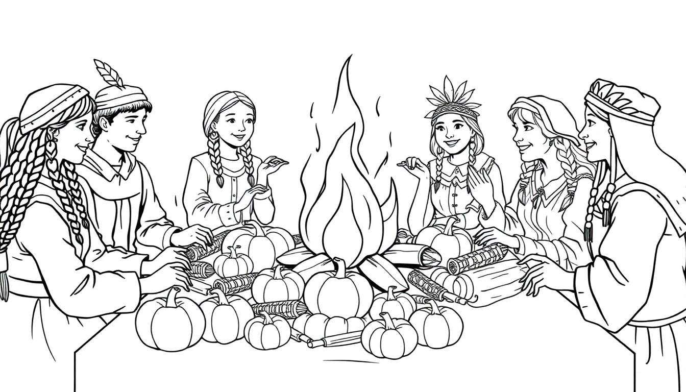 A black and white coloring page of friendly pilgrims and Native Americans sharing a harvest feast around a campfire. A color panel for fun!
