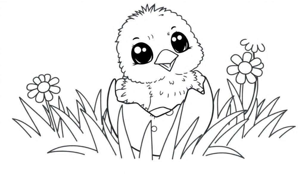 A cute baby chick emerging from a speckled egg on a color panel, surrounded by grass and flowers.