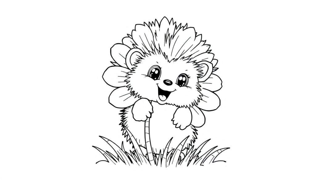 A cute hedgehog peeking from behind a daisy, ready for a color panel.