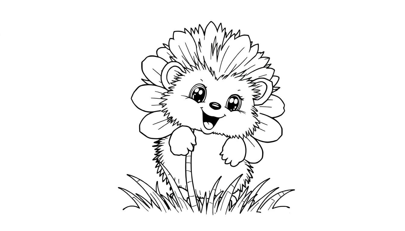 A cute hedgehog peeking from behind a daisy, ready for a color panel.