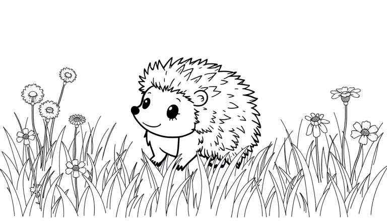 A black and white drawing of a cartoon hedgehog in a meadow, a cute color panel for kids.