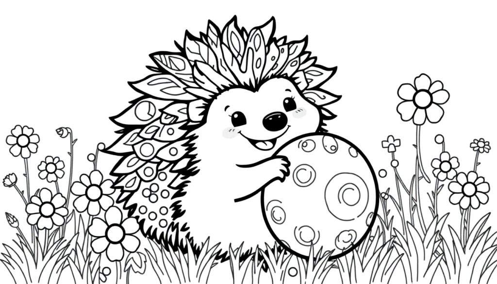 A black and white cartoon hedgehog holding a patterned ball in a field of flowers and grass, perfect for a color panel.