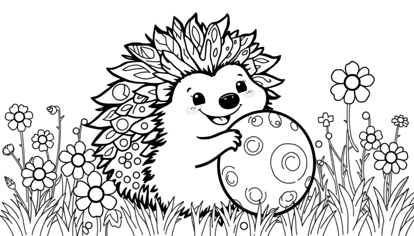 A black and white cartoon hedgehog holding a patterned ball in a field of flowers and grass, perfect for a color panel.