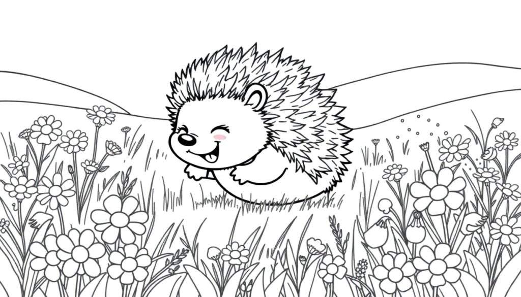 A happy baby hedgehog with a smile rolling in a field of flowers, ready for a color panel.