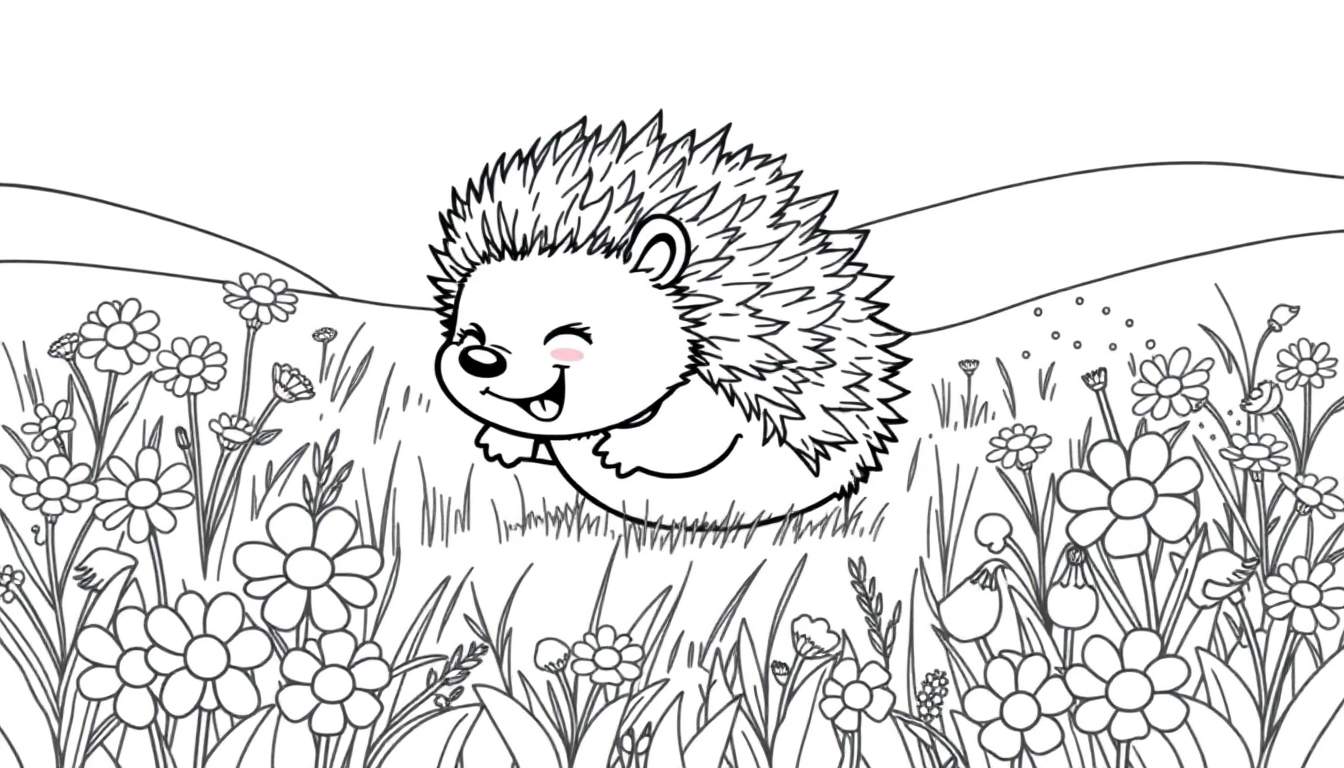 A happy baby hedgehog with a smile rolling in a field of flowers, ready for a color panel.
