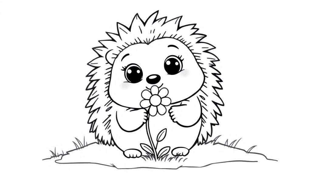 A cute hedgehog with big eyes in a color panel, holding a tiny flower.
