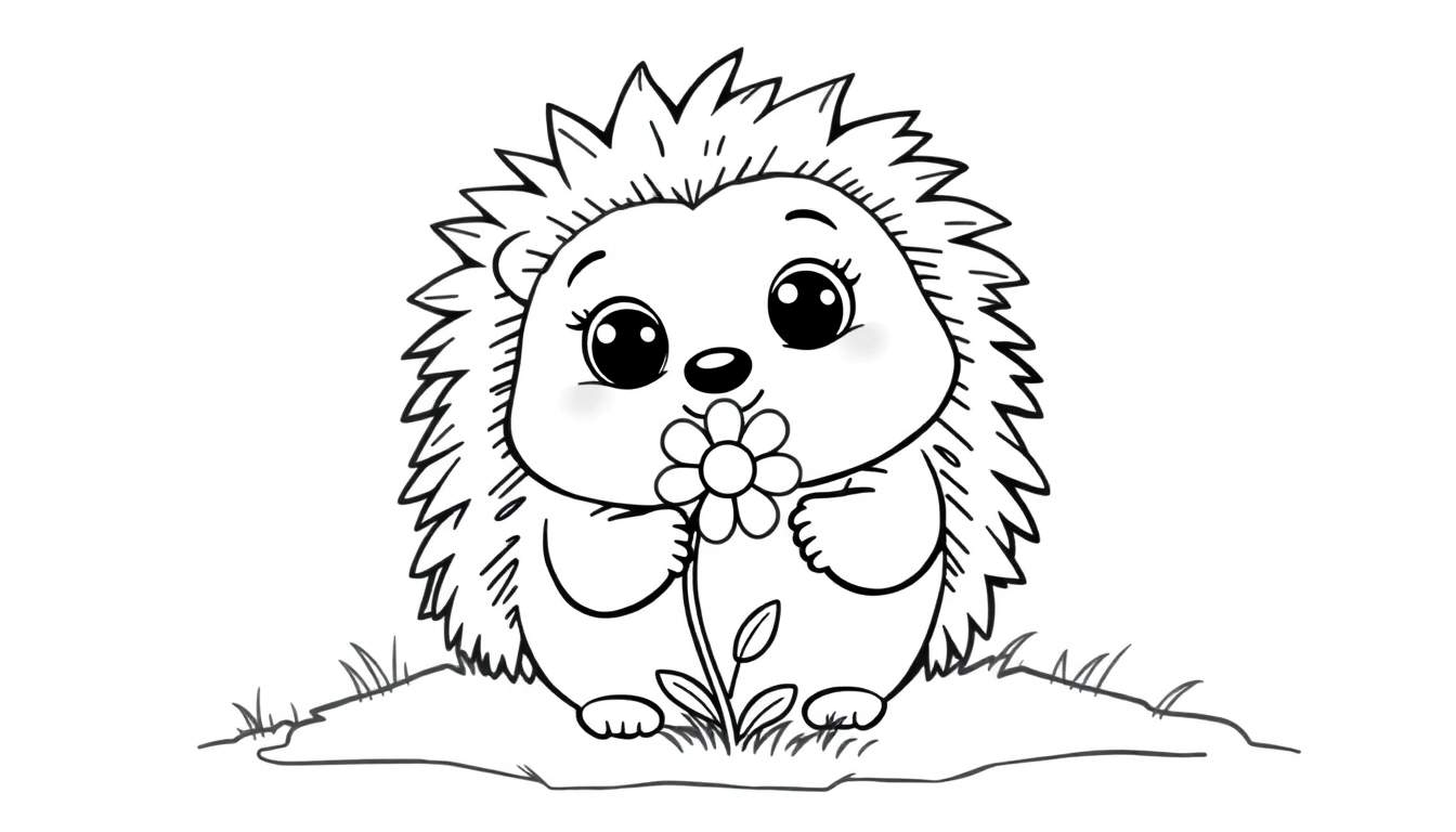 A cute hedgehog with big eyes in a color panel, holding a tiny flower.