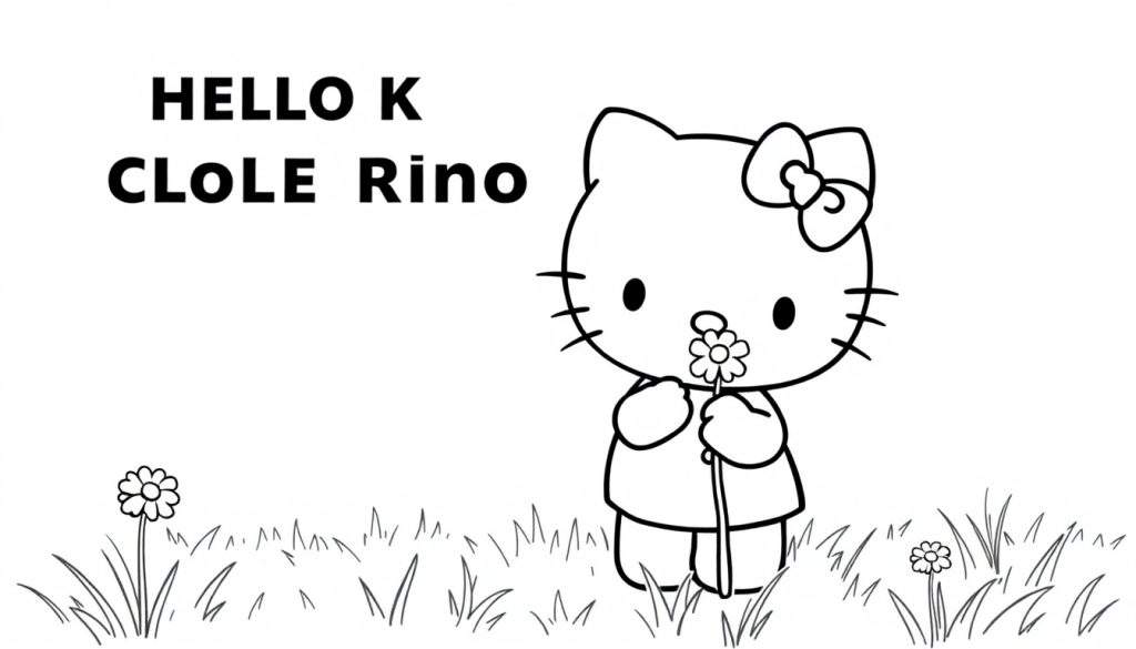 Hello Kitty coloring panel holding a flower.