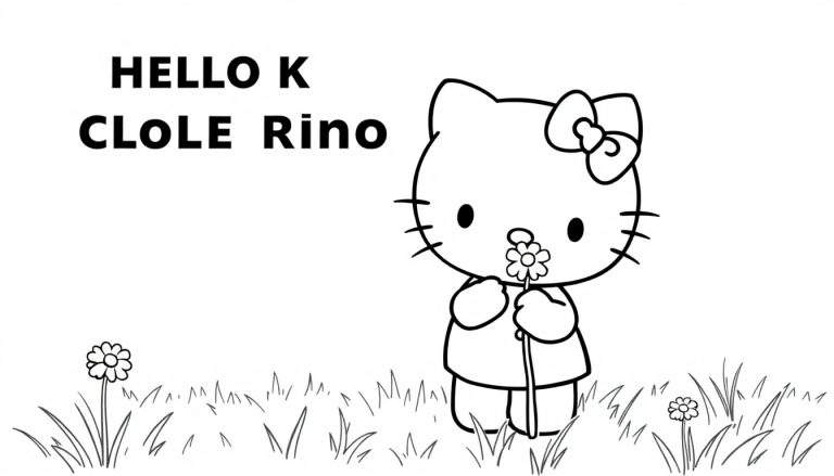 Hello Kitty coloring panel holding a flower.