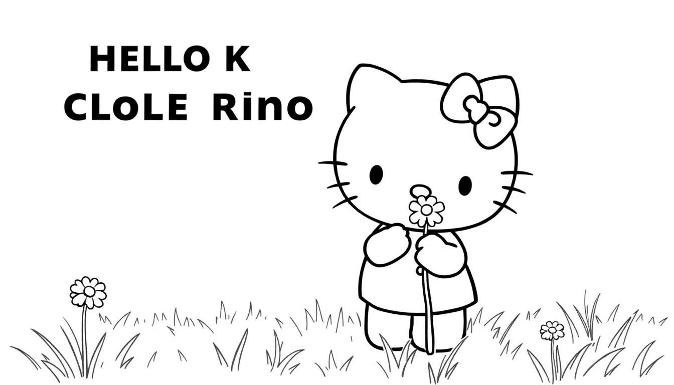 Hello Kitty coloring panel holding a flower.