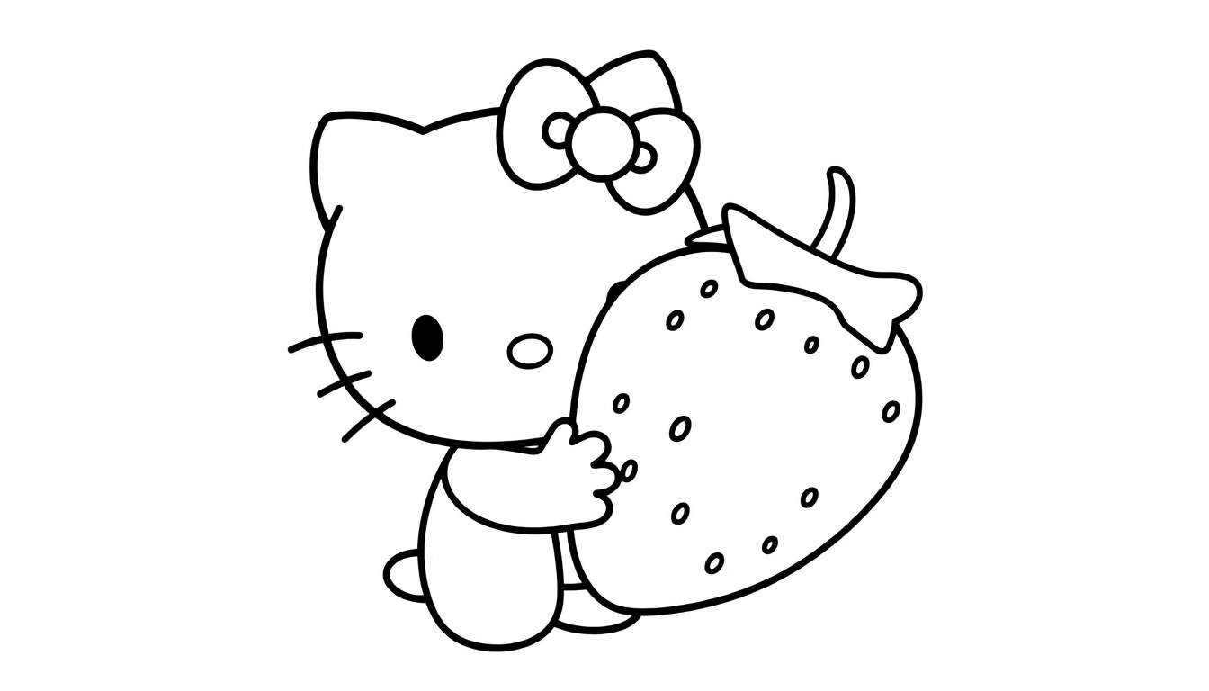 Hello Kitty holding a strawberry, a black and white color panel for coloring.