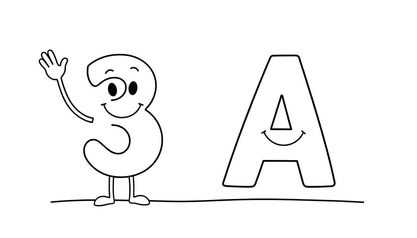 A smiling number 3 waving hello next to a smiling letter A on a color panel.