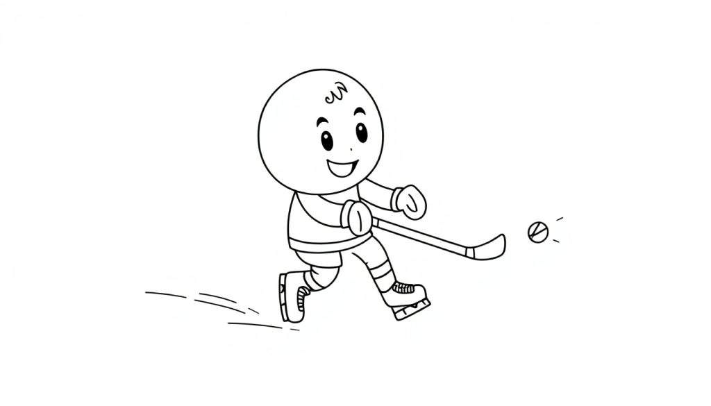 A cheerful cartoon hockey player in black and white, ready to score, shown on a color panel.