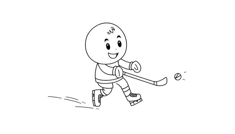 A cheerful cartoon hockey player in black and white, ready to score, shown on a color panel.